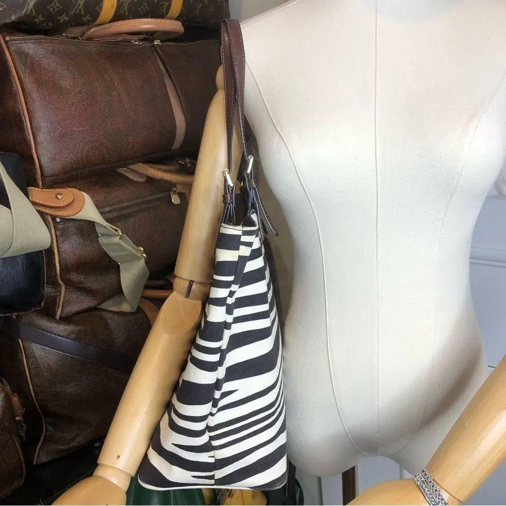 MICHAEL KORS Black Ivory Zebra Striped Shoulder Bag with Brown Leather Handles - Picture 10 of 16